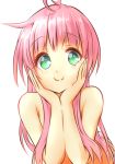  1girl ahoge covering covering_breasts engawa_(rarenago) green_eyes hands_on_own_cheeks hands_on_own_face lala_satalin_deviluke long_hair looking_at_viewer nude pink_hair smile solo to_love-ru 