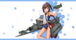  1girl airplane ame. brown_eyes brown_hair cannon i-401_(kantai_collection) kantai_collection ponytail sailor_collar school_swimsuit short_hair swimsuit tan tanline 