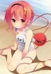  1girl beach between_legs blush collarbone dress hairband hand_between_legs heart komeiji_satori looking_at_viewer nigo_(aozoragarou) red_dress red_eyes school_swimsuit sitting slippers small_breasts solo swimsuit third_eye touhou wariza water white_school_swimsuit white_swimsuit 