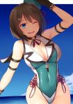  1girl adapted_costume bare_shoulders blue_eyes breasts brown_hair choker cleavage clouds gloves hair_ornament hairclip highres horosuke_(toot08) kantai_collection large_breasts maya_(kantai_collection) mini_hat ocean one_eye_closed racequeen shadow solo 