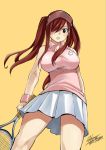  1girl bare_shoulders black_eyes blush breasts erza_scarlet fairy_tail hair_over_one_eye large_breasts looking_at_viewer mashima_hiro official_art parted_lips redhead simple_background solo tennis yellow_background 