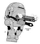  character_request full_body greyscale gun machine_gun monochrome robot solo tsukudani_(coke-buta) weapon 