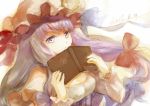  1girl book breasts cleavage crescent_hair_ornament dated double_bun frown hair_ornament hair_ribbon hat hat_ribbon keiko_(mitakarawa) lavender_eyes lavender_hair long_hair looking_at_viewer mob_cap open_book patchouli_knowledge ribbon sketch solo touhou tress_ribbon upper_body very_long_hair white_background 