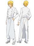  adachi_shingo apron back blonde buttons chef_uniform cigarette closed_mouth collar_(clothes) cover_image double_buttons full_body gray_footwear hand_on_hip jacket light_background long_sleeves looking_at_viewer male official_art one_eye_showing pants peek-a-boo_bang satou_jun shoes short_hair simple_background solo standing uniform white_background white_outerwear white_pants working!! 