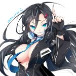  1girl black_hair blue_eyes breasts closers fingerless_gloves gloves highres long_hair looking_at_viewer ripe.c smile solo 