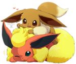  :d ;o brown_eyes dated eevee flareon fur green_eyes heart lying no_humans one_eye_closed open_mouth pointy_ears pokemon pokemon_(creature) simple_background smile tail white_background 