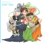  age_regression black_hair blue_eyes brown_hair buck_teeth child closed_eyes dog earrings gakuran green_eyes grey_hair group_hug hat headband hierophant_green high_five highres hug iggy_(jojo) izure_(usdlily) jean_pierre_polnareff jewelry jojo_no_kimyou_na_bouken joseph_joestar joseph_joestar_(young) kakyouin_noriaki kuujou_joutarou magician&#039;s_red mohammed_avdol oversized_clothes redhead school_uniform silver_chariot smile stand_(jojo) v violet_eyes wrist_cuffs yellow_eyes younger 