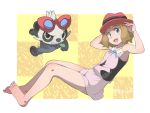  1girl :d barefoot blue_eyes brown_hair daradara_panda glasses hat open_mouth pancham pokemon pokemon_(creature) serena_(pokemon) short_hair smile solo 