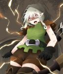  1girl arano_oki arrow bare_arms belt braid cape capelet dragon&#039;s_crown elf elf_(dragon&#039;s_crown) highres hood open_mouth pointy_ears shaded_face shirt shocked_eyes shorts silver_hair sleeveless sleeveless_shirt solo sweat tears thigh-highs twin_braids 