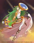  1girl breasts fighting_stance full_body green_eyes green_hair jewelry kid_icarus kid_icarus_uprising long_dress long_hair metalhanzo neck_ring necklace palutena sandals shield side_slit single_thighhigh solo staff thigh-highs tiara watermark white_legwear 