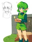  1girl ankle_boots belt blue_eyes boots green_hair green_hairband hairband instrument metata ocarina overalls pointy_ears ribbed_sweater saria short_hair smile solo sweater the_legend_of_zelda the_legend_of_zelda:_ocarina_of_time turtleneck 