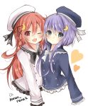  2girls ;d alternate_costume blue_eyes crescent_hair_ornament crescent_moon fang hair_ornament hair_ribbon hat heart highres kantai_collection long_hair long_sleeves looking_at_viewer moon multiple_girls one_eye_closed open_mouth purple_hair red_eyes redhead ribbon short_hair short_hair_with_long_locks simple_background smile souhi twitter_username upper_body uzuki_(kantai_collection) white_background yayoi_(kantai_collection) 