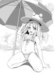  1girl beach_umbrella bikini flat_chest frilled_bikini frills hair_tubes hat kneeling long_tongue monochrome moriya_suwako nakajou navel open_mouth pyonta short_hair smile solo sweat swimsuit tongue tongue_out touhou translated umbrella 