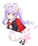  1girl antenna_hair backpack bag blush hair_ribbon kito_(sorahate) long_hair looking_at_viewer mary_janes miyauchi_renge non_non_biyori purple_hair randoseru red_eyes ribbon school_uniform scrunchie shoes simple_background skirt twintails white_background white_legwear 