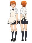  adachi_shingo apron back bare_knees black_footwear black_legwear black_neckwear black_ribbon black_skirt blush closed_mouth collar_(clothes) cover_image female full_body hair_ornament hairclip inami_mahiru knee_high_socks light_background official_art orange_hair ribbon shirt shoes short_hair short_sleeves simple_background skirt socks solo standing uniform waitress_uniform white_background white_shirt working!! 