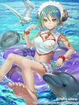  1girl anklet barefoot bird dolphin double_bun feet green_hair headdress innertube jewelry legs navel seagull short_hair sleeping-pig smile soles solo toes yellow_eyes 