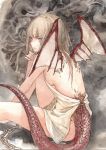  1044kiro 1girl back blonde_hair breasts brown_eyes chain dragon_girl dragon_tail dragon_wings graphite_(medium) highres long_hair original revealing_clothes scales sideboob sitting solo tail traditional_media watercolor_(medium) wings 