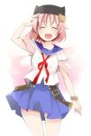  1girl ^_^ belt closed_eyes fuurin_kingyou gakkou_gurashi! hat open_mouth pink_hair salute short_hair skirt solo takeya_yuki uniform 