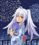  1girl ahoge artist_request fan fireworks isla_(plastic_memories) japanese_clothes light_smile looking_at_viewer night paper_fan plastic_memories red_eyes twintails uchiwa white_hair 