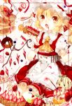  1girl apron ascot blonde_hair blueberry bonnet cake candy cherry cranberry cup doughnut dripping earrings eating fangs flandre_scarlet food fork fruit hat ice_cream jewelry lollipop mokyuko open_mouth orange pancake pocky red_eyes saucer short_hair solo strawberry sweets tea teacup touhou wings wrist_cuffs 