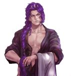  1boy braid earrings hair_tie horns jewelry jojo_no_kimyou_na_bouken kars_(jojo) purple_hair red_eyes robe solo towel v-raider 