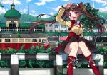  1girl :d arm_up blush boots breasts brown_hair building clouds collarbone copyright_request fang hair_ornament hairclip knees_together_feet_apart long_hair north_abyssor open_mouth outdoors plant railing red_eyes sitting skirt smile solo train train_station twintails very_long_hair 