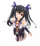  black_hair blush breasts choujigen_game_neptune hair_ribbon highres himajin_(starmine) long_hair looking_at_viewer neptune_(series) noire one_eye_closed red_eyes ribbon solo twintails 