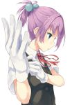  1girl adjusting_clothes adjusting_gloves blue_eyes collared_shirt foreshortening gloves hair_ornament high_ponytail kantai_collection ponytail profile purple_hair ribbon school_uniform shiranui_(kantai_collection) shirt short_hair short_ponytail simple_background solo upper_body vest white_background white_gloves yuragi_(sdmzonari) 