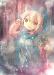  1girl animal_ears blonde_hair blurry brown_eyes depth_of_field detached_sleeves inubashiri_momiji looking_at_viewer open_mouth outstretched_arm rain raincoat raised_hand short_hair solo tail ti_owo touhou wolf_ears wolf_tail 