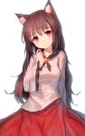  1girl animal_ears blush breasts brooch brown_hair dress highres imaizumi_kagerou jewelry large_breasts long_hair long_sleeves looking_at_viewer red_eyes shone simple_background smile solo touhou white_background wide_sleeves wolf_ears 