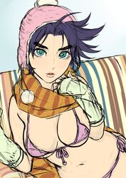  1girl arm_warmers beanie bikini black_hair blue_eyes breasts hat jojo_no_kimyou_na_bouken joseph_joestar_(young) kotatsu_(g-rough) large_breasts lips looking_at_viewer micro_bikini purple_hair sketch solo swimsuit 