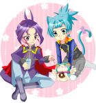  2boys ahoge animal_ears belt black_shirt blue_hair cape cat_ears cat_tail circle circle_background coat duo floral_print flower furnimal_mouse high_resolution kemonomimi_mode long_hair male multicolored_hair multiple_boys open_clothes open_coat open_mouth pixiv_id_3799880 ponytail purple_hair purple_outfit shirt shiunin_sora short_hair tail two-tone_hair yu-gi-oh! yu-gi-oh!_arc-v yuri_(yu-gi-oh!_arc-v) 