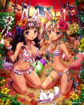  2girls :p animal_ears ball barefoot beach bikini black_hair breasts brown_eyes brown_hair cleavage crab flower frilled_bikini frills hair_flower hair_ornament hairband holding_hands jewelry kitsune kneeling large_breasts long_hair multiple_girls navel necklace ocean polka_dot polka_dot_bikini polka_dot_swimsuit sakiyamama small_breasts smile striped striped_bikini striped_swimsuit sunset swimsuit tan tanline tongue tongue_out twintails violet_eyes water 