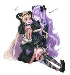  armor blonde_hair breasts camilla_(fire_emblem_if) cleavage elise_(fire_emblem_if) fire_emblem fire_emblem_if gauntlets gloves hair_ornament hair_over_one_eye hair_ribbon long_hair multiple_girls purple_hair red_eyes ribbon smile twintails 