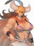  1girl armor axe bikini_armor breasts brown_hair cleavage dragon_ball fumio_(rsqkr) genderswap helmet horns large_breasts muscle ox_king simple_background solo weapon white_background 