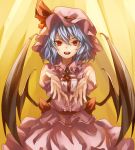  1girl bat_wings blue_hair box brooch eredhen gift gift_box giving gradient gradient_background hat hat_ribbon jewelry looking_at_viewer mob_cap open_hands open_mouth outstretched_arms red_eyes remilia_scarlet ribbon short_hair skirt skirt_set slit_pupils solo touhou wings yellow_background 