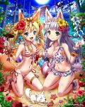  2girls animal_ears anklet barefoot beach bikini blonde_hair blue_eyes breasts cleavage crab fang flower frilled_bikini frills green_eyes hair_flower hair_ornament holding_hands jewelry kitsune kneeling large_breasts long_hair multiple_girls navel ocean polka_dot polka_dot_bikini polka_dot_swimsuit purple_hair sakiyamama small_breasts striped striped_bikini striped_swimsuit swimsuit twintails water 