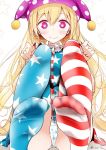  1girl alternate_legwear american_flag_legwear american_flag_shirt ass blonde_hair blush clownpiece feet full_body hat jester_cap jpeg_artifacts legs_up long_hair looking_at_viewer looking_down oouso_(usotsukiya) panties pantyshot pantyshot_(sitting) print_legwear print_panties sitting smile solo star striped thigh-highs touhou twitter_username underwear violet_eyes white_background 