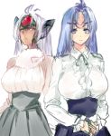  2girls aqua_eyes blue_eyes blue_hair breasts dark_skin kos-mos large_breasts long_hair multiple_girls negresco purple_hair simple_background t-elos white_background xenosaga 