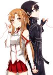  1boy 1girl asuna_(sao) back-to-back black_eyes black_hair breastplate brown_eyes brown_hair couple fingerless_gloves gloves highres kirito long_hair mizuna_mizuna raised_pinkie red_string short_hair string sword_art_online 