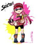  1girl artist_name baseball_cap blue_eyes blush copyright_name domino_mask fangs full_body hat holding inasa_yukirou inkling letterman_jacket long_hair long_sleeves looking_at_viewer mask paint paint_splatter pink_hair pointy_ears simple_background solo splatoon standing super_soaker sweatdrop tentacle_hair trigger_discipline weapon white_background 