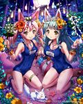  2girls animal_ears anklet aqua_hair ball barefoot beach breasts brown_eyes crab flower grin hair_flower hair_ornament hairband holding_hands jewelry kitsune kneeling large_breasts long_hair moon multiple_girls night ocean pink_hair pout sakiyamama school_swimsuit small_breasts smile swimsuit twintails 