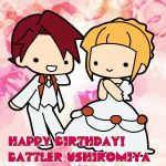  1boy 1girl :&gt; :d beatrice blonde_hair character_name chibi dress formal happy_birthday kashiwa_kiseri necktie open_mouth redhead smile suit umineko_no_naku_koro_ni ushiromiya_battler 