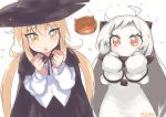  2girls :o ahoge alternate_costume artist_name blonde_hair blush cape check_commentary clenched_hands commentary_request dress enemy_aircraft_(kantai_collection) gloves halloween hat horns kantai_collection long_hair long_sleeves looking_at_viewer low_twintails mittens multiple_girls northern_ocean_hime open_mouth pale_skin red_eyes satsuki_(kantai_collection) sensen shinkaisei-kan skirt sleeveless sleeveless_dress sparkle twintails white_background white_dress white_hair white_skin witch_hat yellow_eyes 
