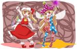  2girls american_flag_legwear american_flag_shirt arm_up ascot blonde_hair blush clownpiece crystal fairy_wings fang flandre_scarlet full_body hat hat_ribbon heart jester_cap laevatein long_hair looking_at_viewer mary_janes mob_cap multiple_girls nao_(nao_mmj) open_mouth outstretched_arms pantyhose pointy_ears print_legwear puffy_sleeves ribbon sash shirt shoes short_hair short_sleeves side_ponytail skirt skirt_set smile socks star striped touhou vest white_legwear wings 
