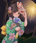  1girl black_hair blush brown_eyes fan fireworks flower fox_mask hair_flower hair_ornament japanese_clothes kimono mask mask_on_head mikkii original solo sweatdrop yukata 