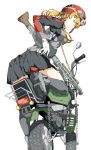  1girl anchor_hair_ornament between_breasts blonde_hair blue_eyes breasts from_behind gloves goggles goggles_on_head grey_legwear gun hair_ornament helmet highres kantai_collection long_hair looking_at_viewer low_twintails machine_gun mg42 motor_vehicle motorcycle ninimo_nimo prinz_eugen_(kantai_collection) simple_background skirt solo thigh-highs twintails vehicle weapon white_background white_gloves 