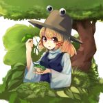  1girl bei_mochi blonde_hair bush frog grass hair_ribbon hat high_collar highres leaf long_sleeves looking_at_viewer moriya_suwako open_mouth payot red_eyes ribbon short_hair solo touhou tree vest white_background 