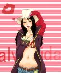 alvida_(one_piece) black_hair blush bra breasts cleavage coat curvaceous finger_to_mouth hat lips lipstick long_hair makeup navel one_eye_closed one_piece smile underwear wink