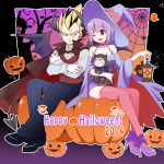  2014 belt blonde_hair blue_eyes bulma cape dragon_ball dragon_ball_z family ghost gloves halloween halloween_costume happy_halloween hat lantern miwa_(m-iwamiwa2014) pumpkin purple_hair silk spider spider_web super_saiyan thigh-highs trunks_(dragon_ball) vegeta violet_eyes white_gloves wizard_hat 